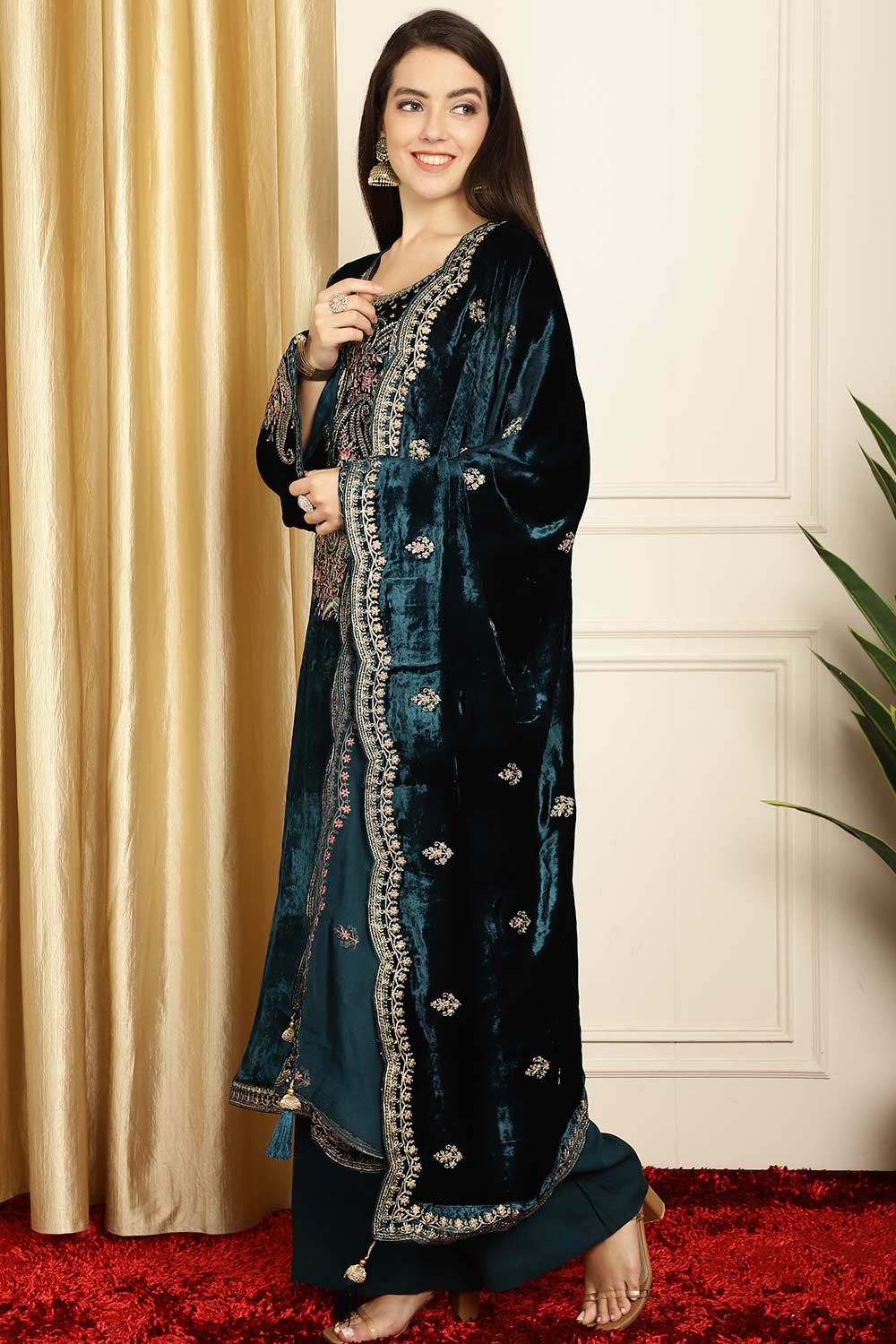 Navy Blue Velvet Embroidered Salwar Suit