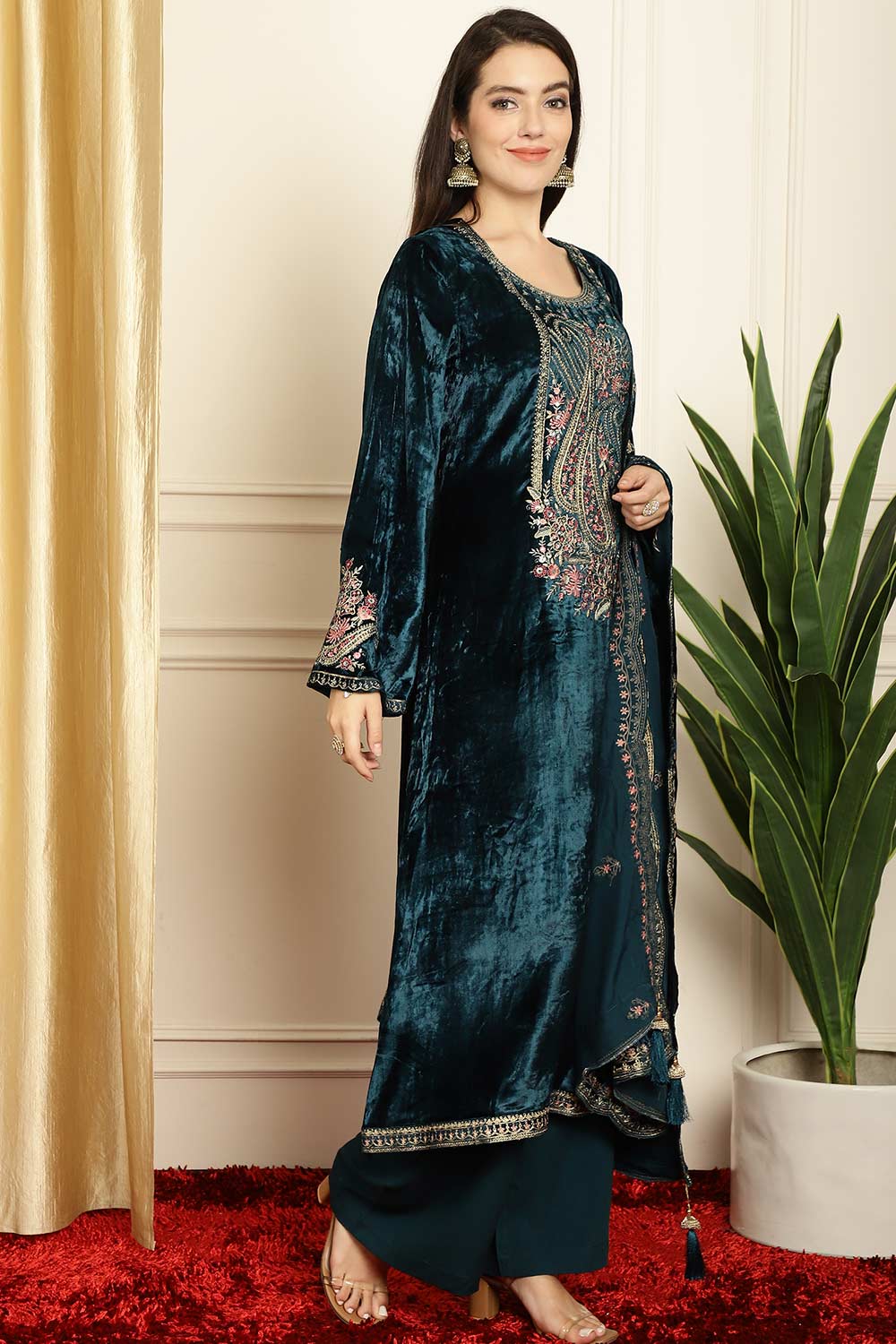 Navy Blue Velvet Embroidered Salwar Suit