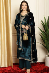 Navy Blue Velvet Embroidered Salwar Suit