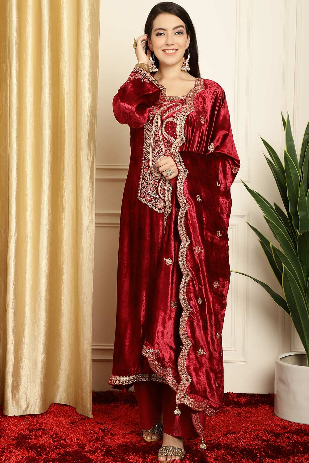 Maroon Velvet Embroidered Salwar Suit