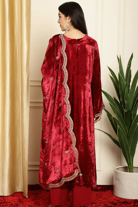 Maroon Velvet Embroidered Salwar Suit