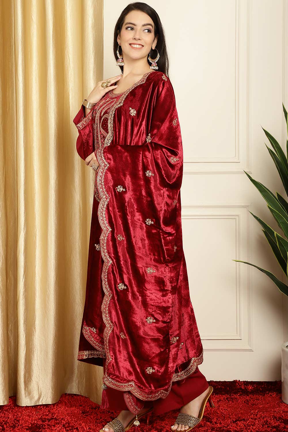 Maroon Velvet Embroidered Salwar Suit