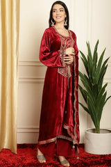 Maroon Velvet Embroidered Salwar Suit