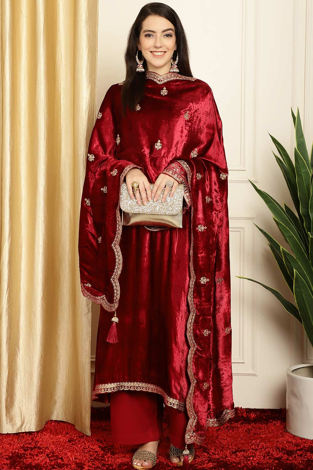 Maroon Velvet Embroidered Salwar Suit