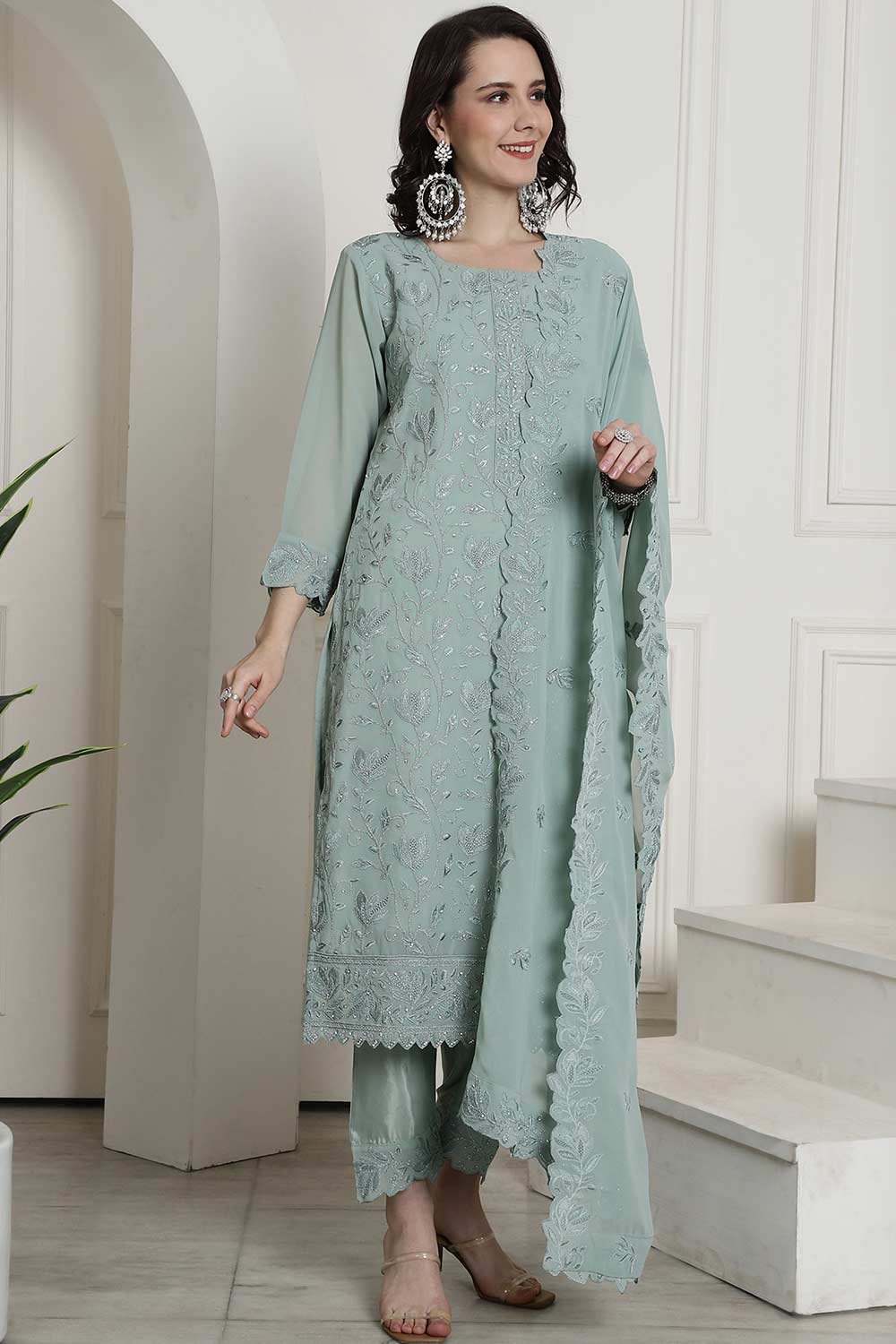 Green Georgette Embroidered Salwar Suit