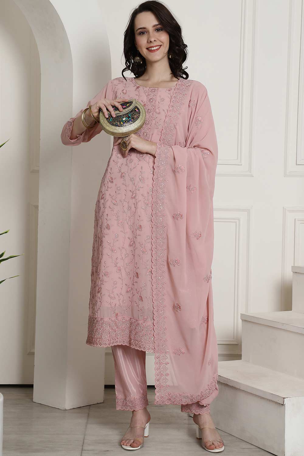 Pink Georgette Embroidered Salwar Suit