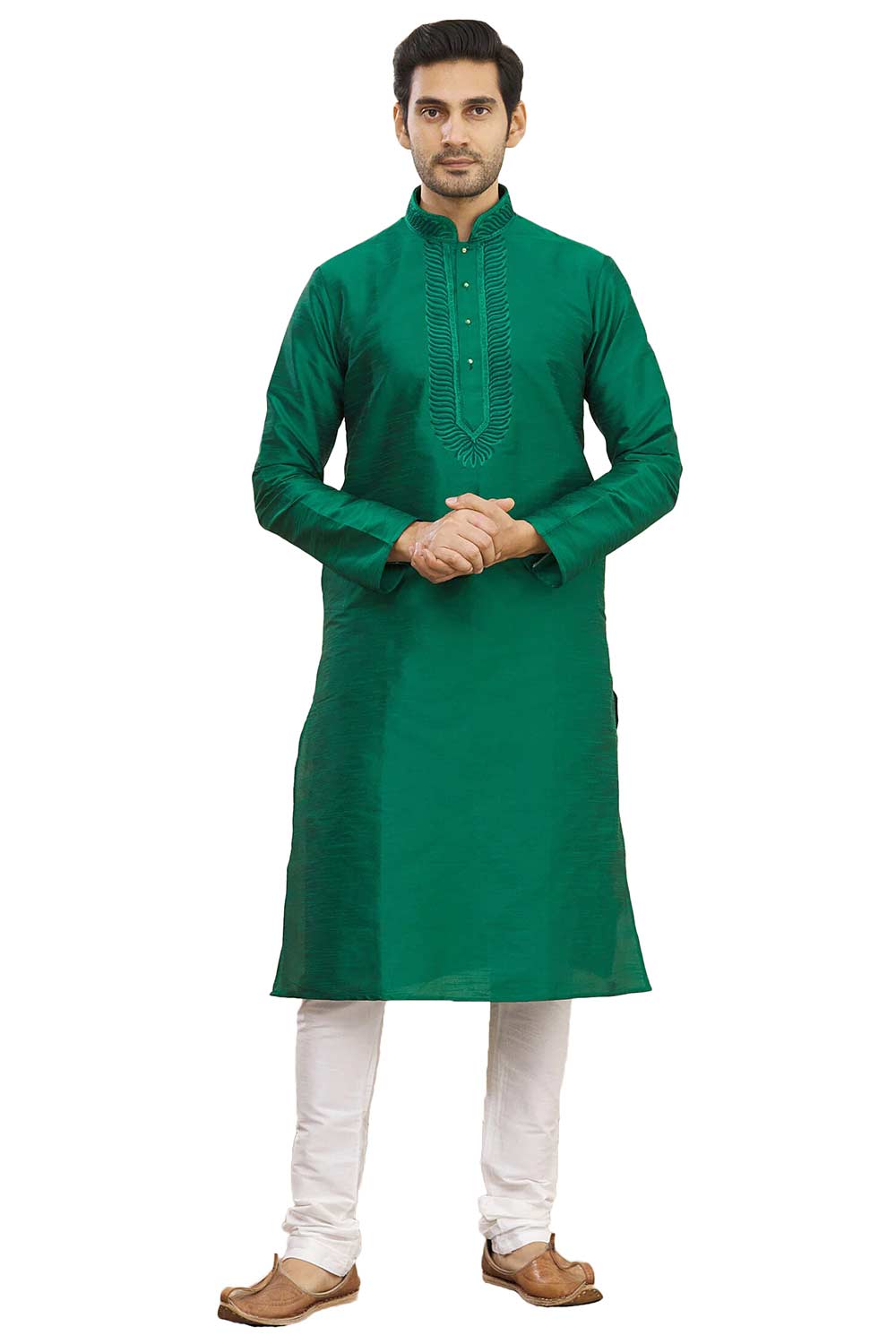 Men's Green Cotton Embroidered Full Sleeve Kurta Churidar