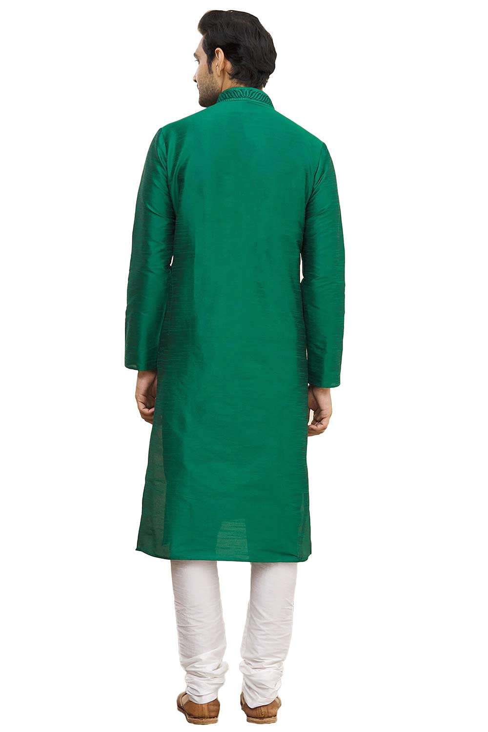 Men's Green Cotton Embroidered Full Sleeve Kurta Churidar