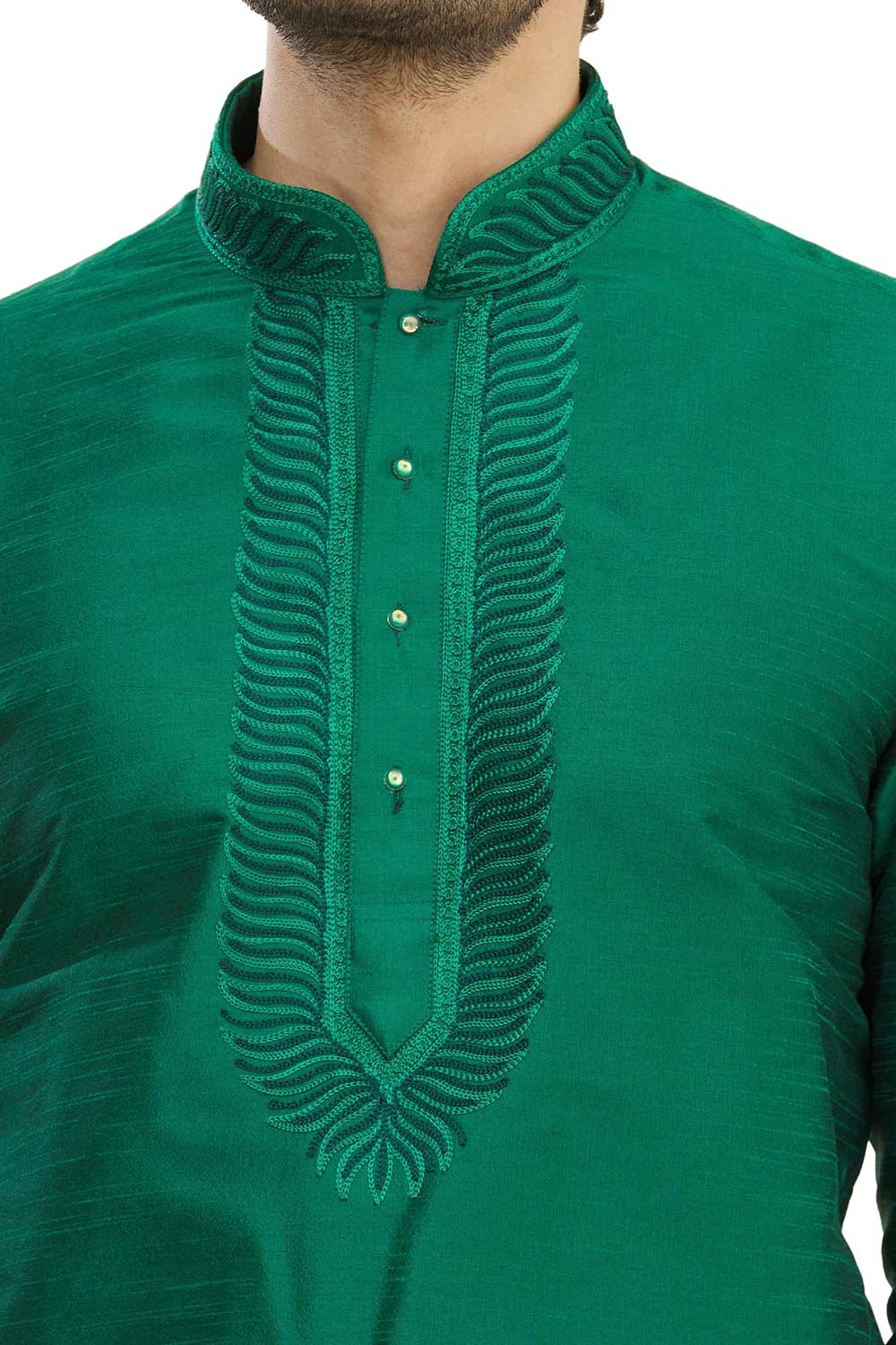 Men's Green Cotton Embroidered Full Sleeve Kurta Churidar