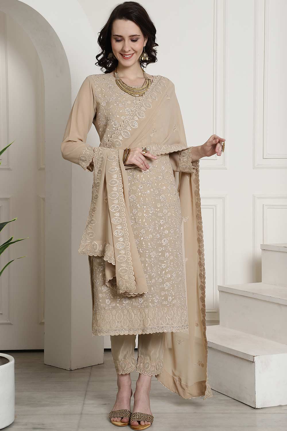 Beige Georgette Embroidered Salwar Suit