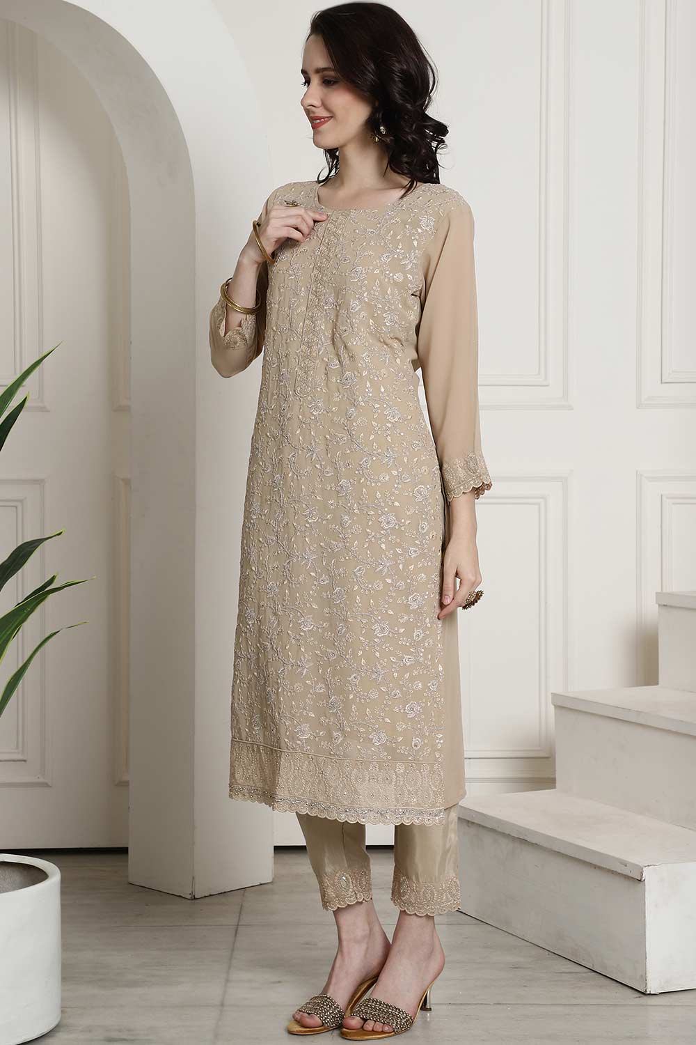 Beige Georgette Embroidered Salwar Suit