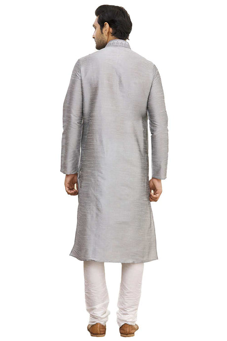 Men's Grey Cotton Embroidered Full Sleeve Kurta Churidar