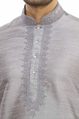 Men's Grey Cotton Embroidered Full Sleeve Kurta Churidar