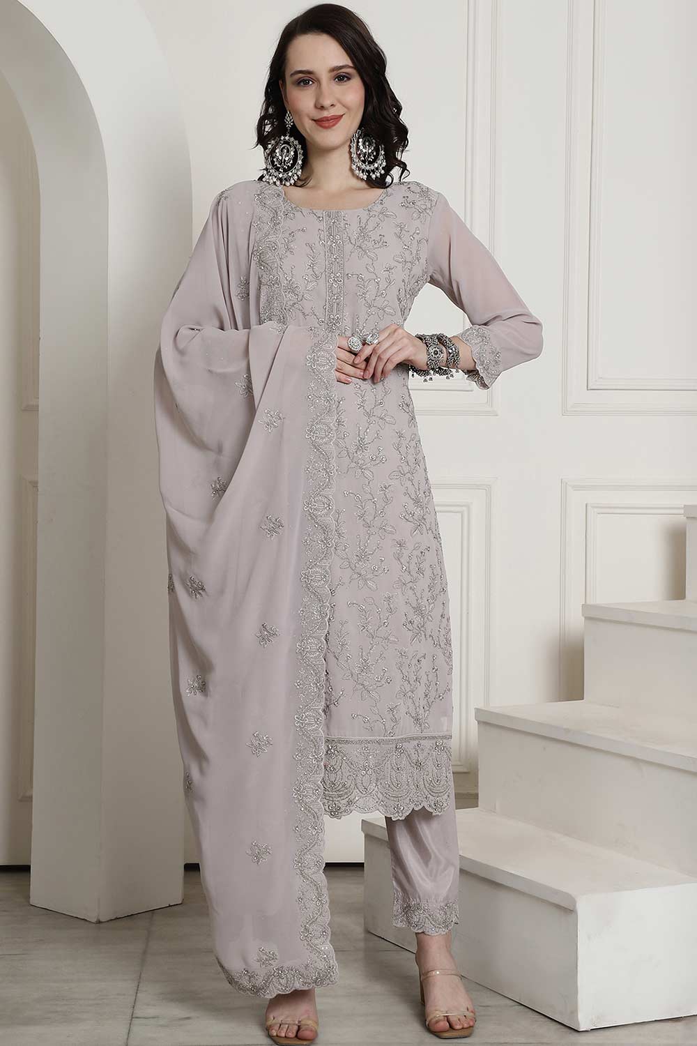 Grey Georgette Embroidered Salwar Suit