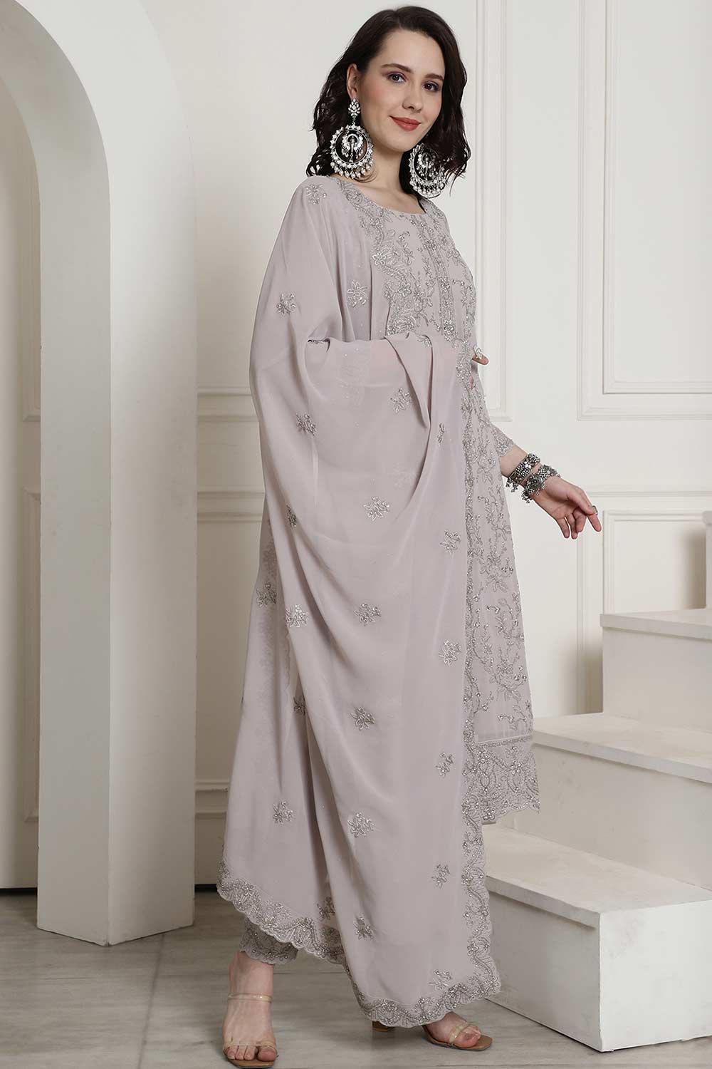 Grey Georgette Embroidered Salwar Suit