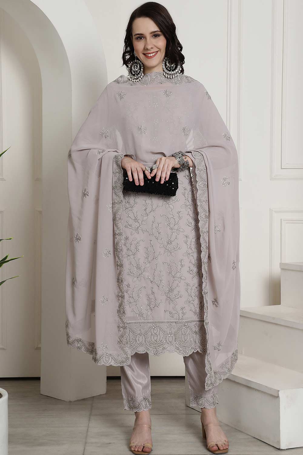 Grey Georgette Embroidered Salwar Suit