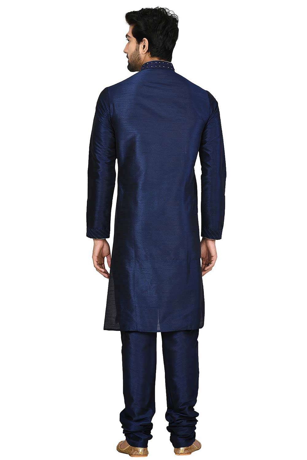 Men's Navy Blue Silk Embroidered Full Sleeve Kurta Churidar