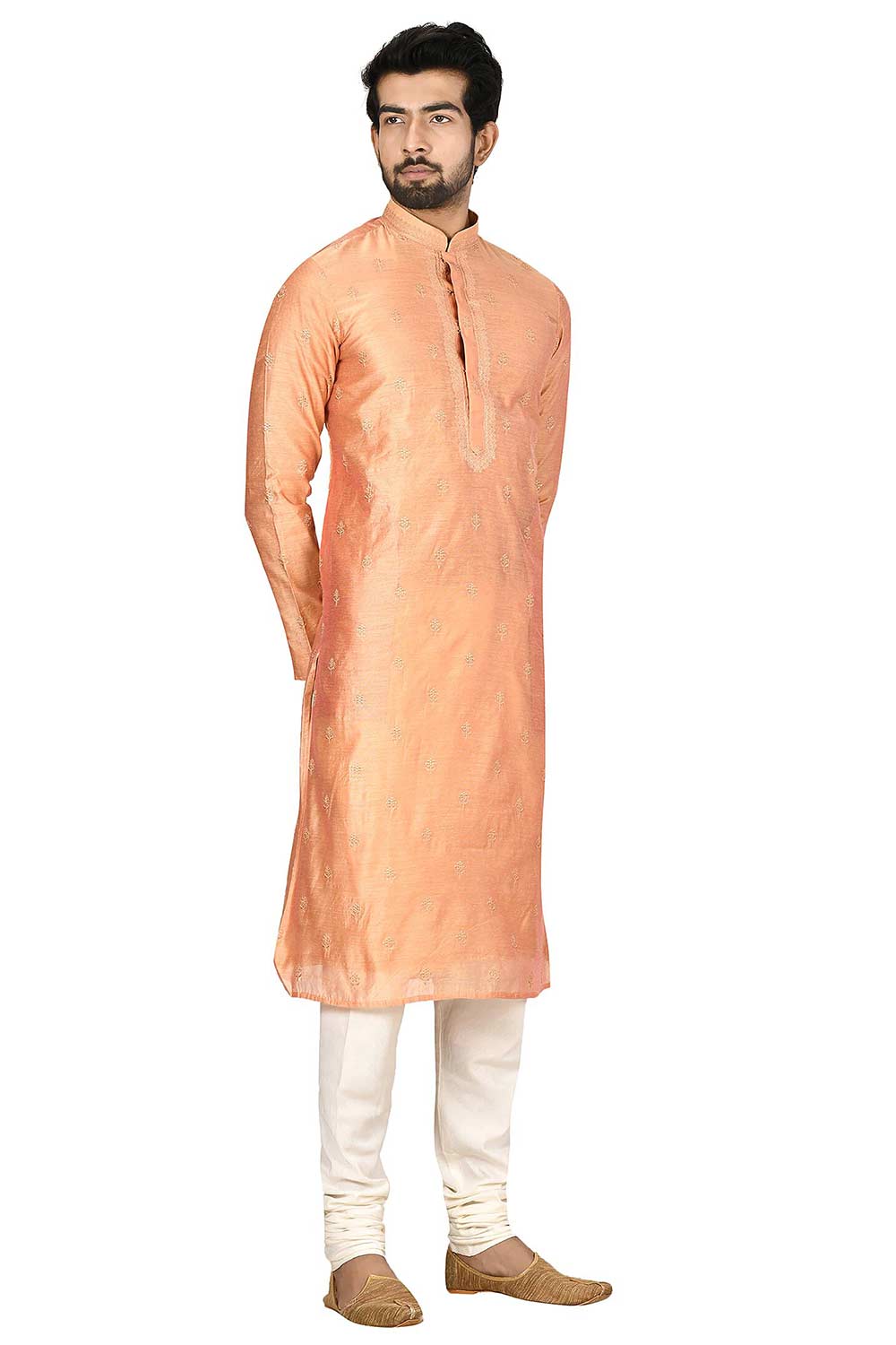 Men's Orange Silk Embroidered Full Sleeve Kurta Churidar