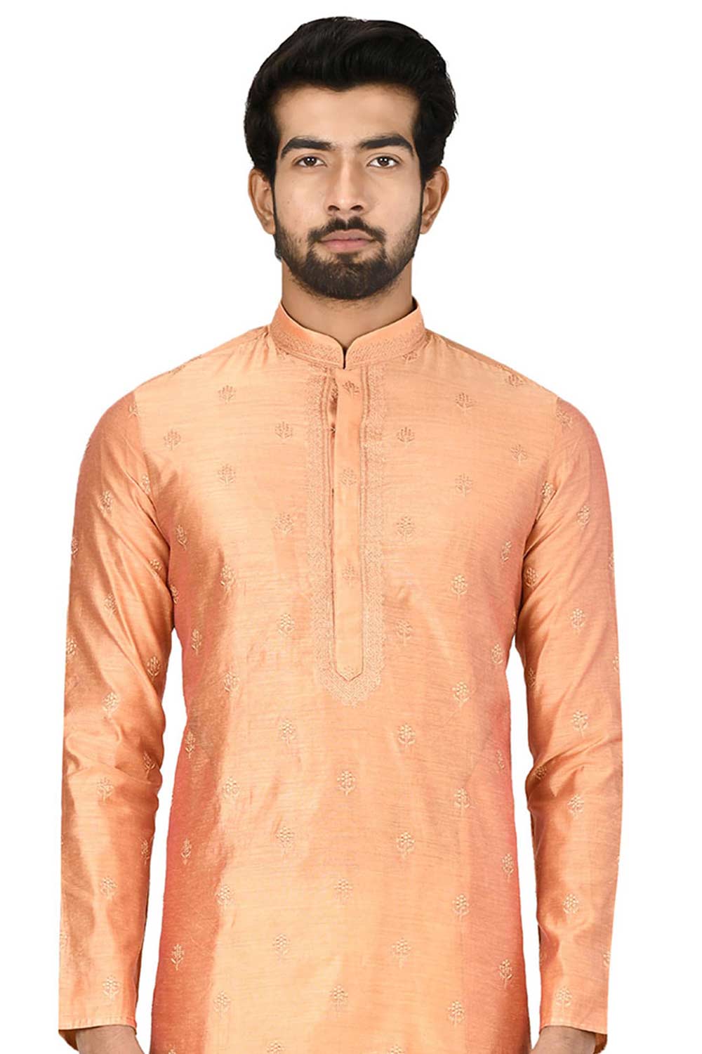 Men's Orange Silk Embroidered Full Sleeve Kurta Churidar