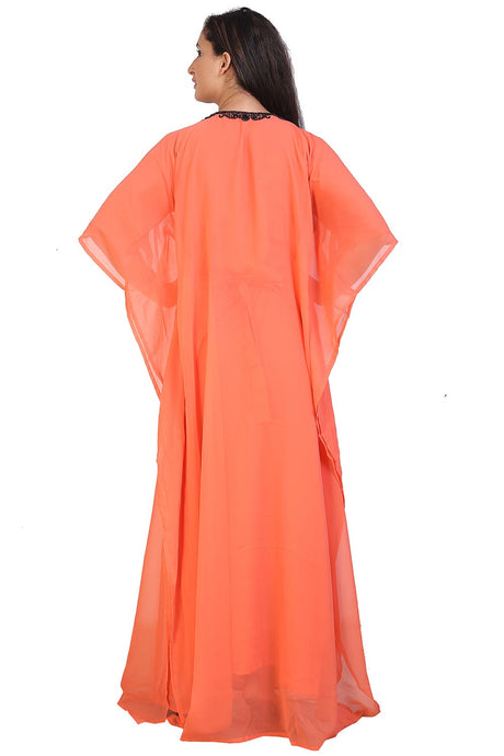 Buy Georgette Embellished Kaftan Gown in Light Orange Online - Back