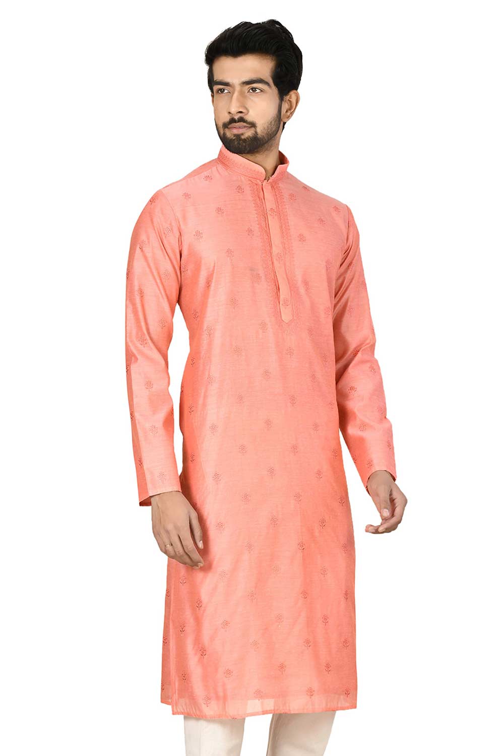 Men's Pink Silk Embroidered Full Sleeve Kurta Churidar