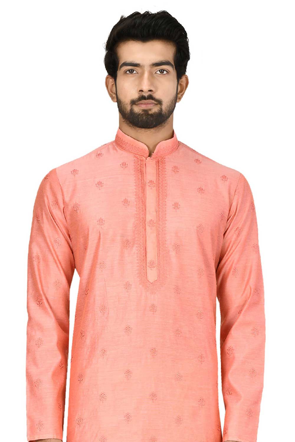 Men's Pink Silk Embroidered Full Sleeve Kurta Churidar