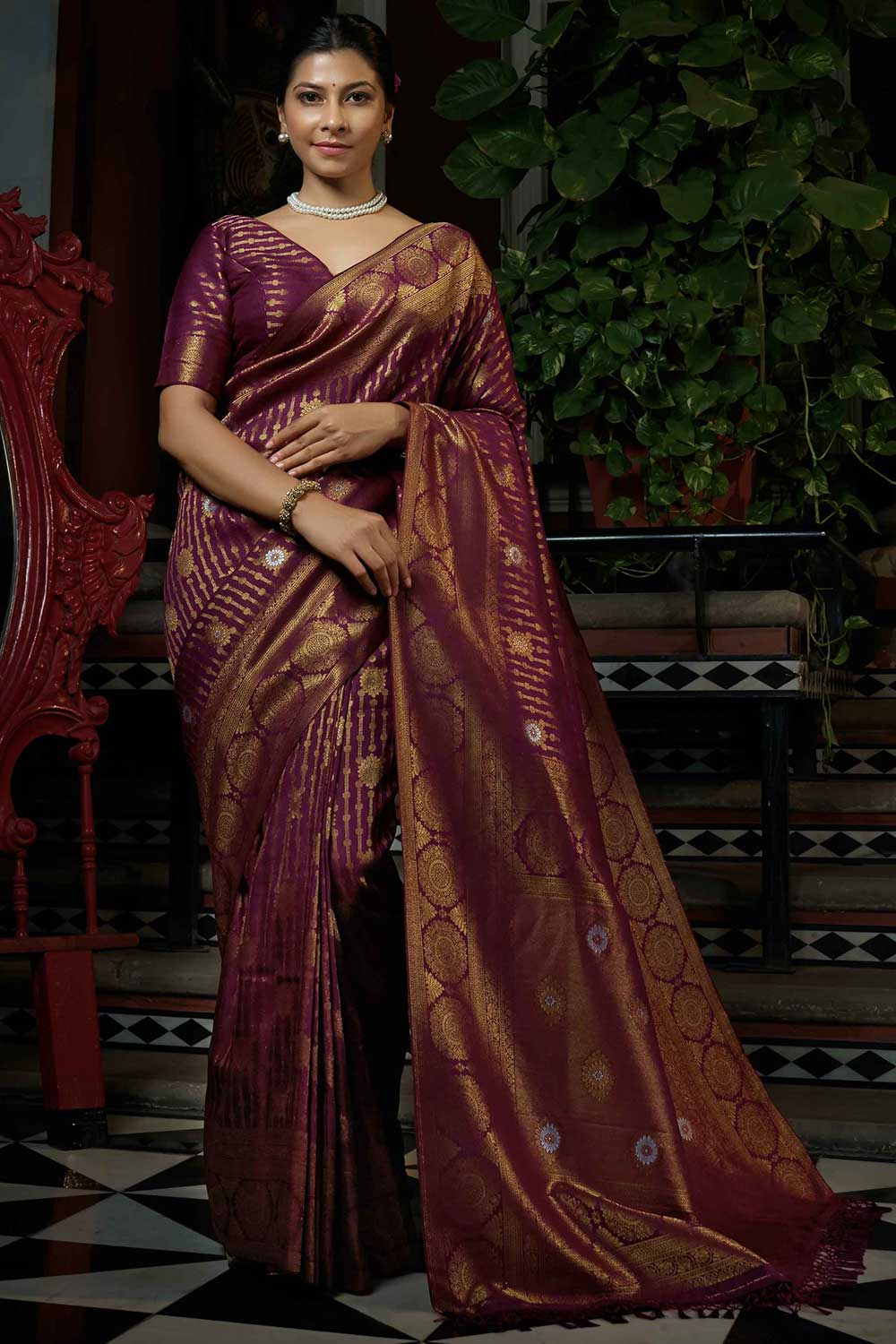 Wine Art Silk Woven Saree