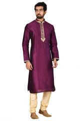 Men's Purple  Silk Embroidered Full Sleeve Kurta Churidar