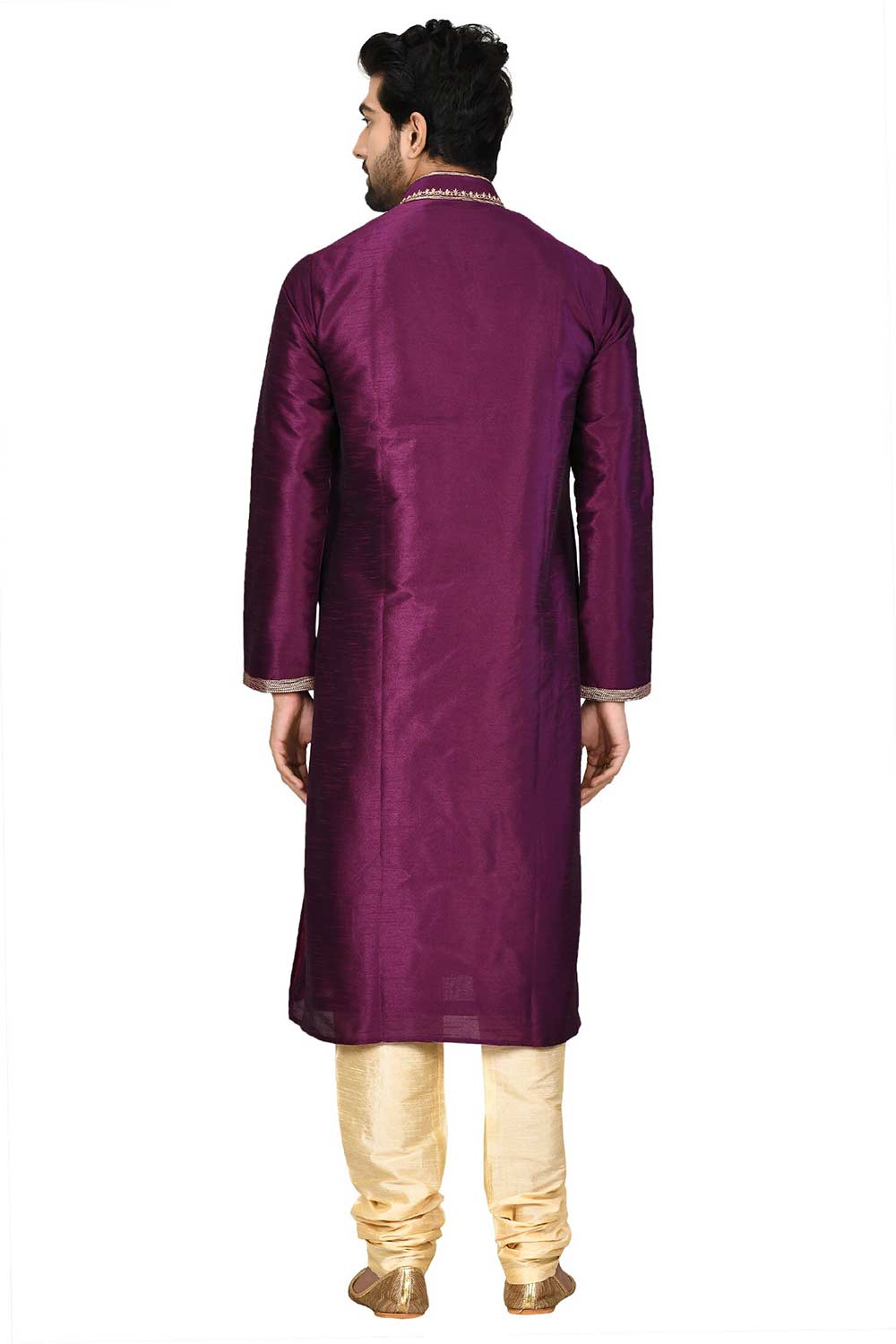 Men's Purple  Silk Embroidered Full Sleeve Kurta Churidar