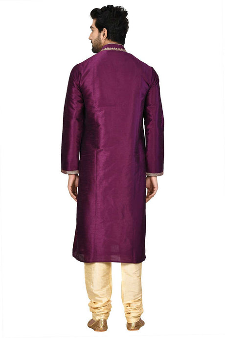 Men's Purple  Silk Embroidered Full Sleeve Kurta Churidar
