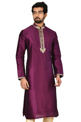 Men's Purple  Silk Embroidered Full Sleeve Kurta Churidar