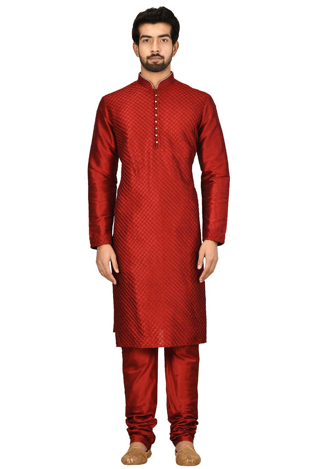 Men's Maroon Silk Embroidered Full Sleeve Kurta Churidar