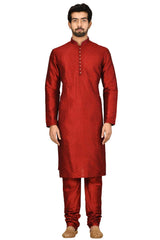 Men's Maroon Silk Embroidered Full Sleeve Kurta Churidar