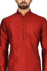 Men's Maroon Silk Embroidered Full Sleeve Kurta Churidar