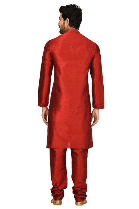 Men's Maroon Silk Embroidered Full Sleeve Kurta Churidar