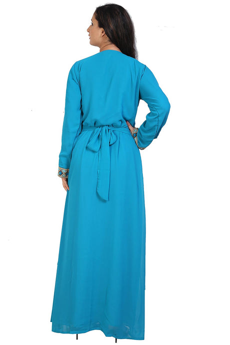 Buy Georgette Embellished Kaftan Gown in Sky Blue Online - Back