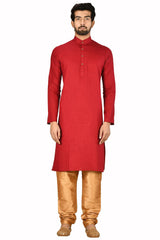 Men's Red Cotton Embroidered Full Sleeve Kurta Churidar