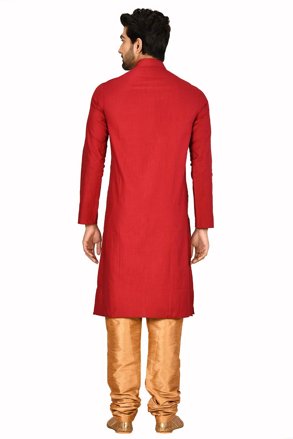 Men's Red Cotton Embroidered Full Sleeve Kurta Churidar