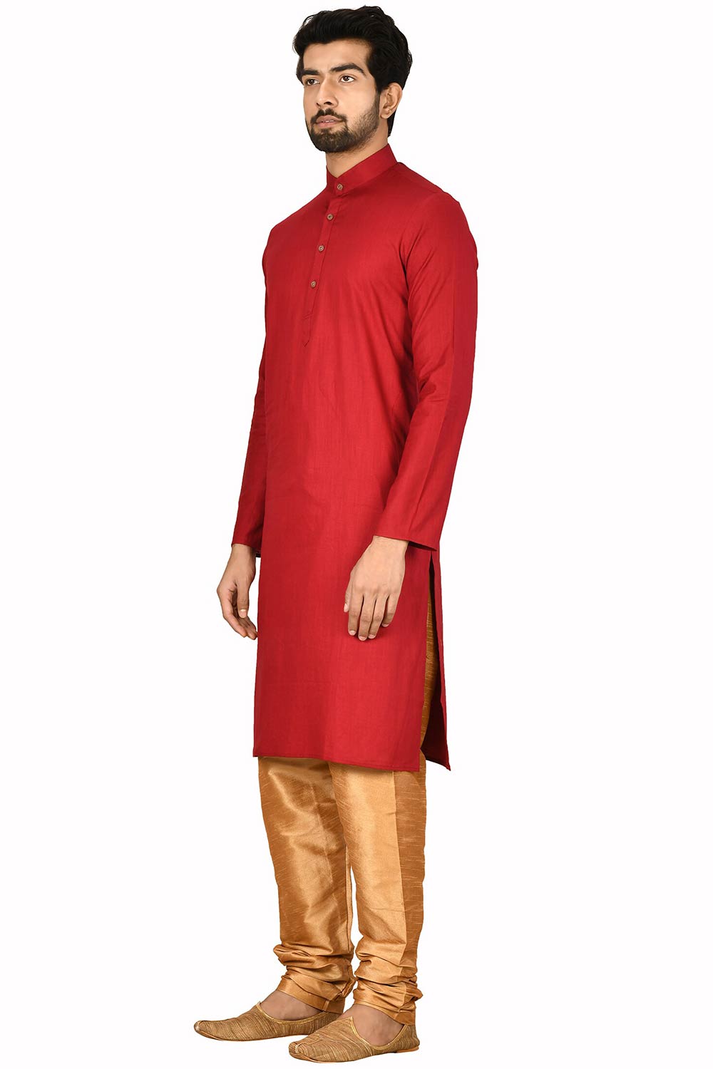 Men's Red Cotton Embroidered Full Sleeve Kurta Churidar