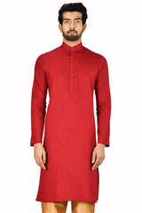 Men's Red Cotton Embroidered Full Sleeve Kurta Churidar