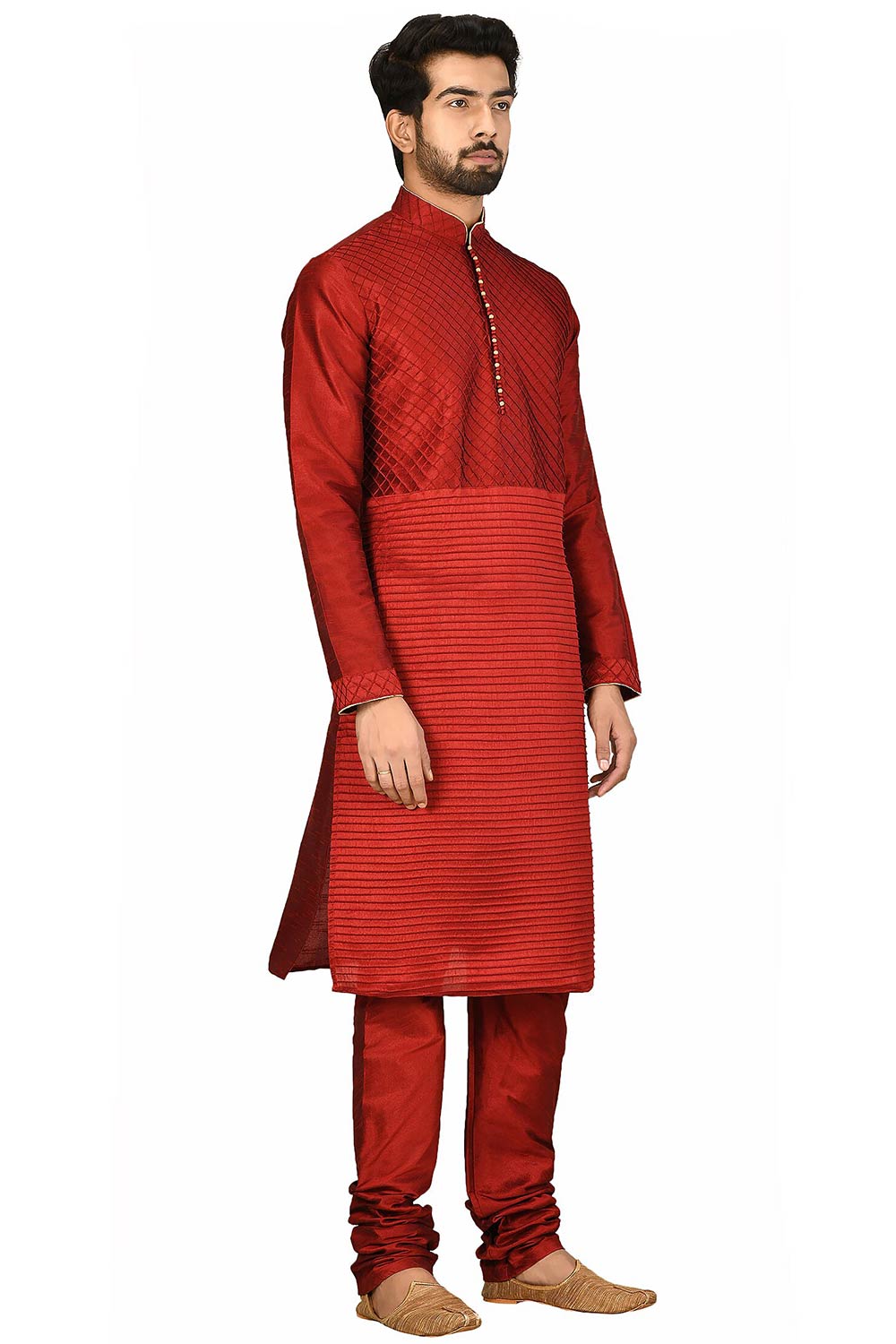 Men's Maroon Silk Embroidered Full Sleeve Kurta Churidar