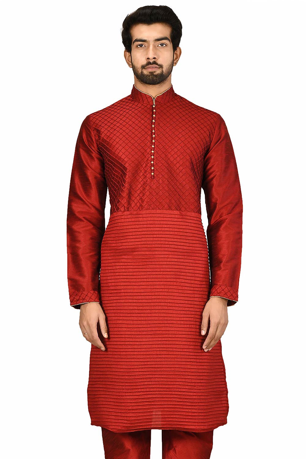 Men's Maroon Silk Embroidered Full Sleeve Kurta Churidar