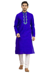 Men's Royal Blue Silk Embroidered Full Sleeve Kurta Churidar