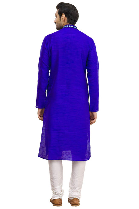 Men's Royal Blue Silk Embroidered Full Sleeve Kurta Churidar