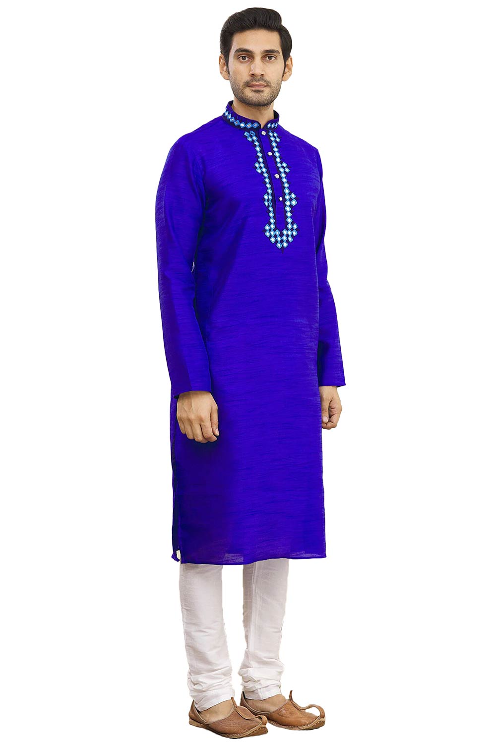 Men's Royal Blue Silk Embroidered Full Sleeve Kurta Churidar