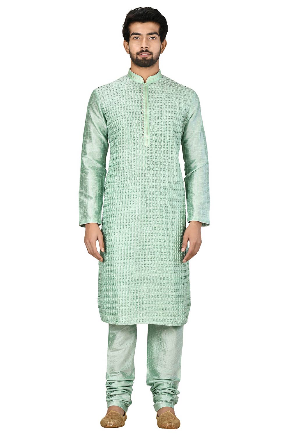 Men's Pista Green Silk Embroidered Full Sleeve Kurta Churidar