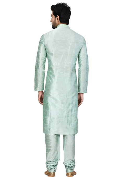 Men's Pista Green Silk Embroidered Full Sleeve Kurta Churidar
