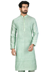 Men's Pista Green Silk Embroidered Full Sleeve Kurta Churidar