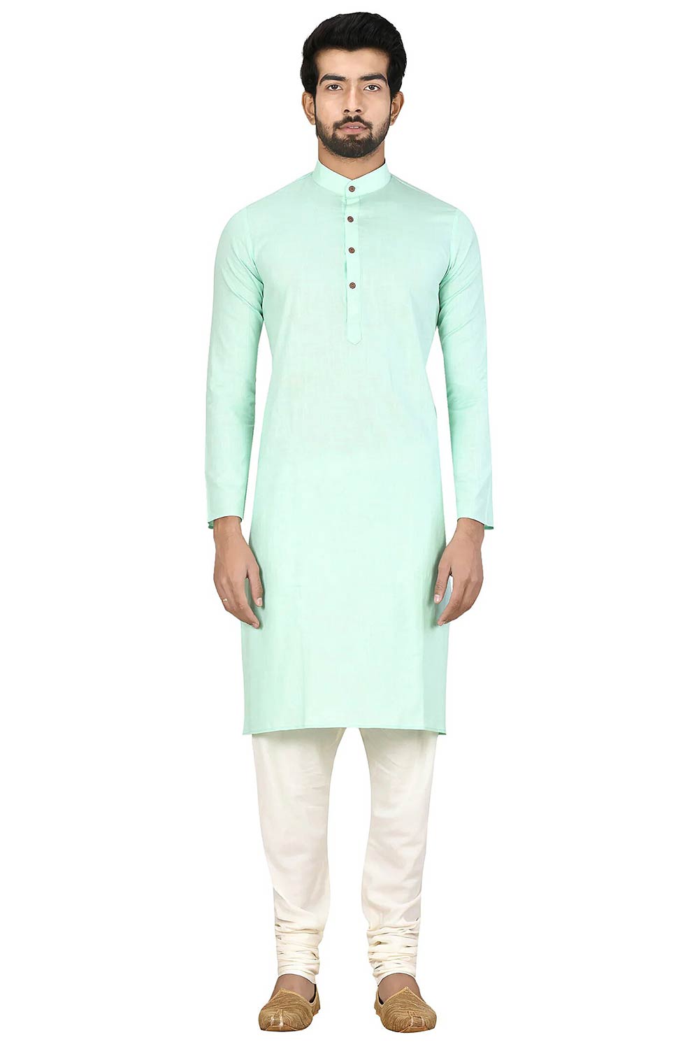 Men's Sea Green Silk Embroidered Full Sleeve Kurta Churidar