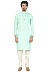 Men's Sea Green Silk Embroidered Full Sleeve Kurta Churidar